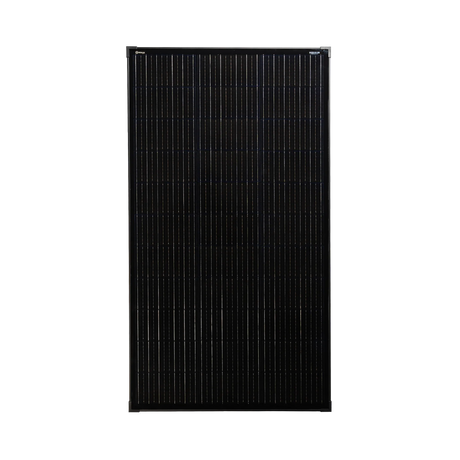 Roam Gear 160W 12V slimline black glass solar panel front view showing the cells and 20mm frame.