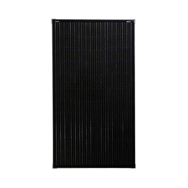 Roam Gear 160W 12V slimline black glass solar panel front view showing the cells and 20mm frame.