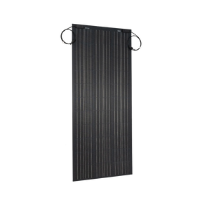 Roam Gear 200W 12V black ETFE flexible solar panel front angled view with positive and negative leads looped beside it.