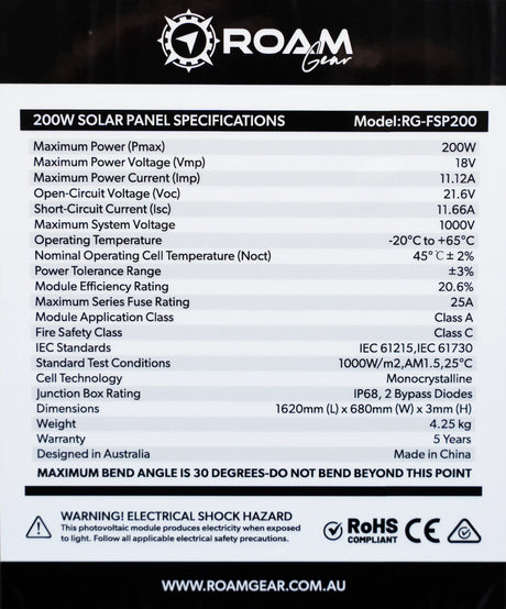 Roam Gear 200W 12V black ETFE flexible solar panel specifications label with electrical ratings, dimensions and weight.