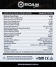 Roam Gear 200W 12V black ETFE flexible solar panel specifications label with electrical ratings, dimensions and weight.