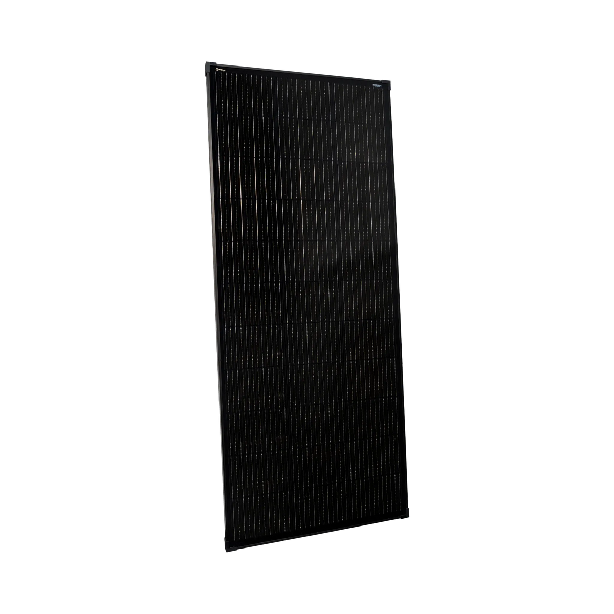 Roam Gear 200W 12V black glass solar panel front angled view showing the 30mm frame and solar cells.