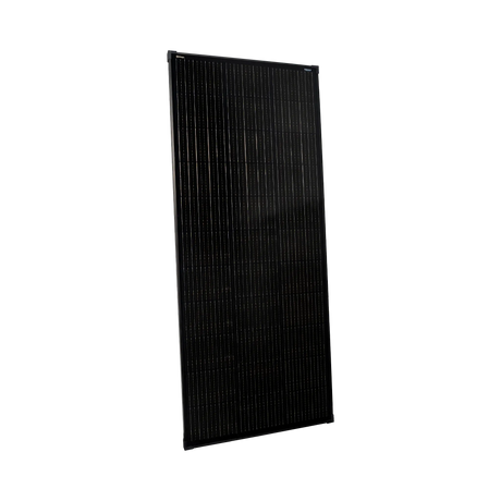 Roam Gear 200W 12V black glass solar panel front angled view showing the 30mm frame and solar cells.