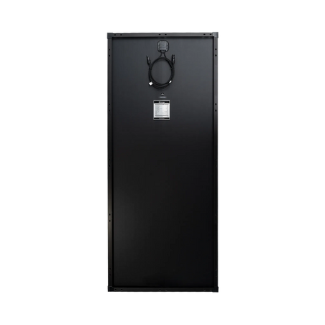 Roam Gear 200W 12V black glass solar panel rear view with a junction box and coiled positive and negative leads.