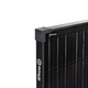 Roam Gear 200W 12V black glass solar panel corner close up with a cap, side frame logo and cell detail.