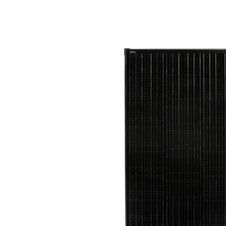 Roam Gear 200W 12V black glass solar panel upper front section showing the top rail and roam gear logo in the corner.
