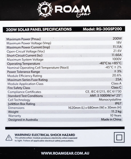 Roam Gear 200W 12V black glass solar panel specifications label with electrical ratings, dimensions and weight.