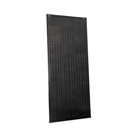 Roam Gear 200W 12V slimline black glass solar panel with 20mm frame in an angled front view.
