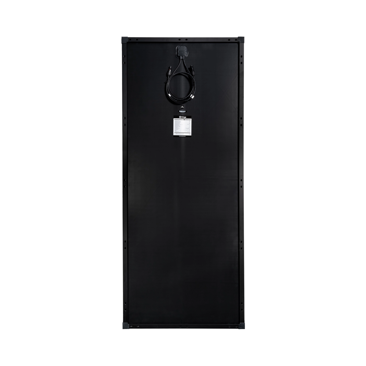 Roam Gear 200W 12V slimline black glass solar panel rear view with junction box, cable and specifications label.