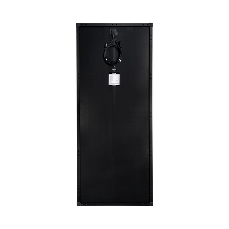 Roam Gear 200W 12V slimline black glass solar panel rear view with junction box, cable and specifications label.
