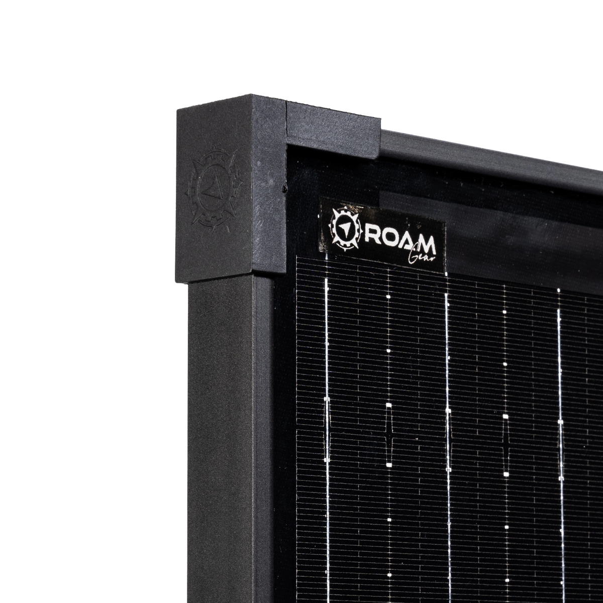 Roam Gear 200W 12V slimline black glass solar panel upper corner close up with corner cap and top logo.