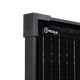 Roam Gear 200W 12V slimline black glass solar panel upper corner close up with corner cap and top logo.