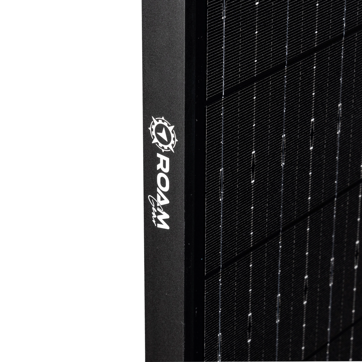 Roam Gear 200W 12V slimline black glass solar panel side frame close up with the Roam Gear logo on the frame.