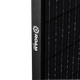 Roam Gear 200W 12V slimline black glass solar panel side frame close up with the Roam Gear logo on the frame.