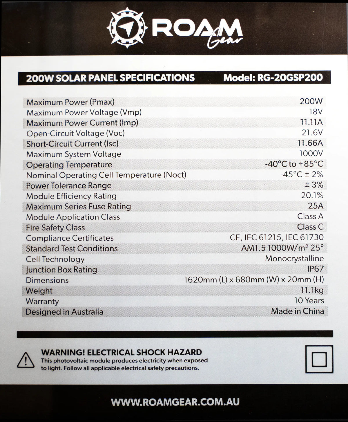 Roam Gear 200W 12V slimline black glass solar panel specifications label with ratings, dimensions and weight.