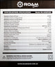Roam Gear 200W 12V slimline black glass solar panel specifications label with ratings, dimensions and weight.