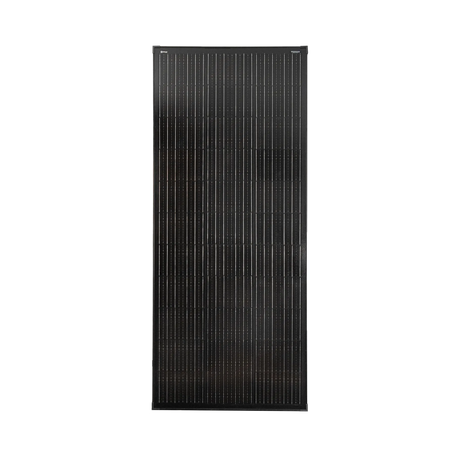 Roam Gear 200W 12V slimline black glass solar panel with 20mm frame in a full front view.