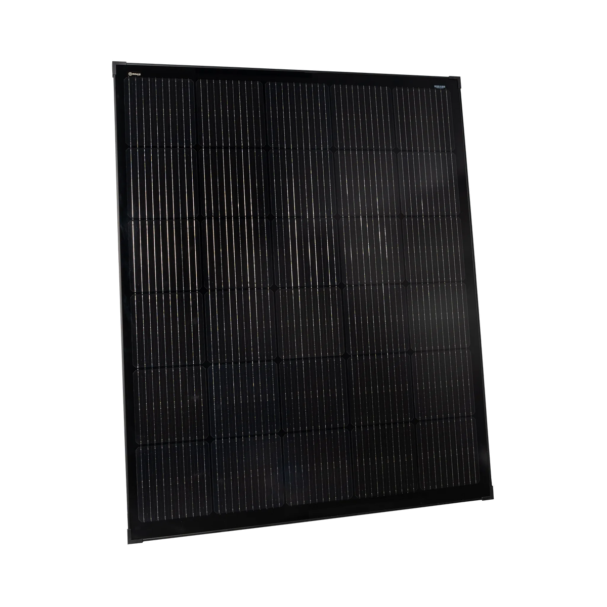 Roam Gear 200W 12V slimline square black glass solar panel front angled view showing the slimline black frame.