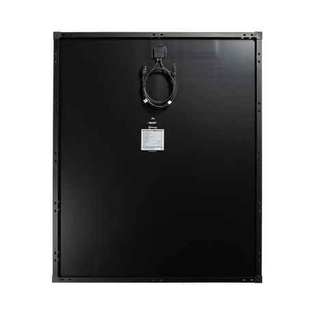 Roam Gear 200W slimline square black glass solar panel rear view with a junction box and coiled positive and negative leads.