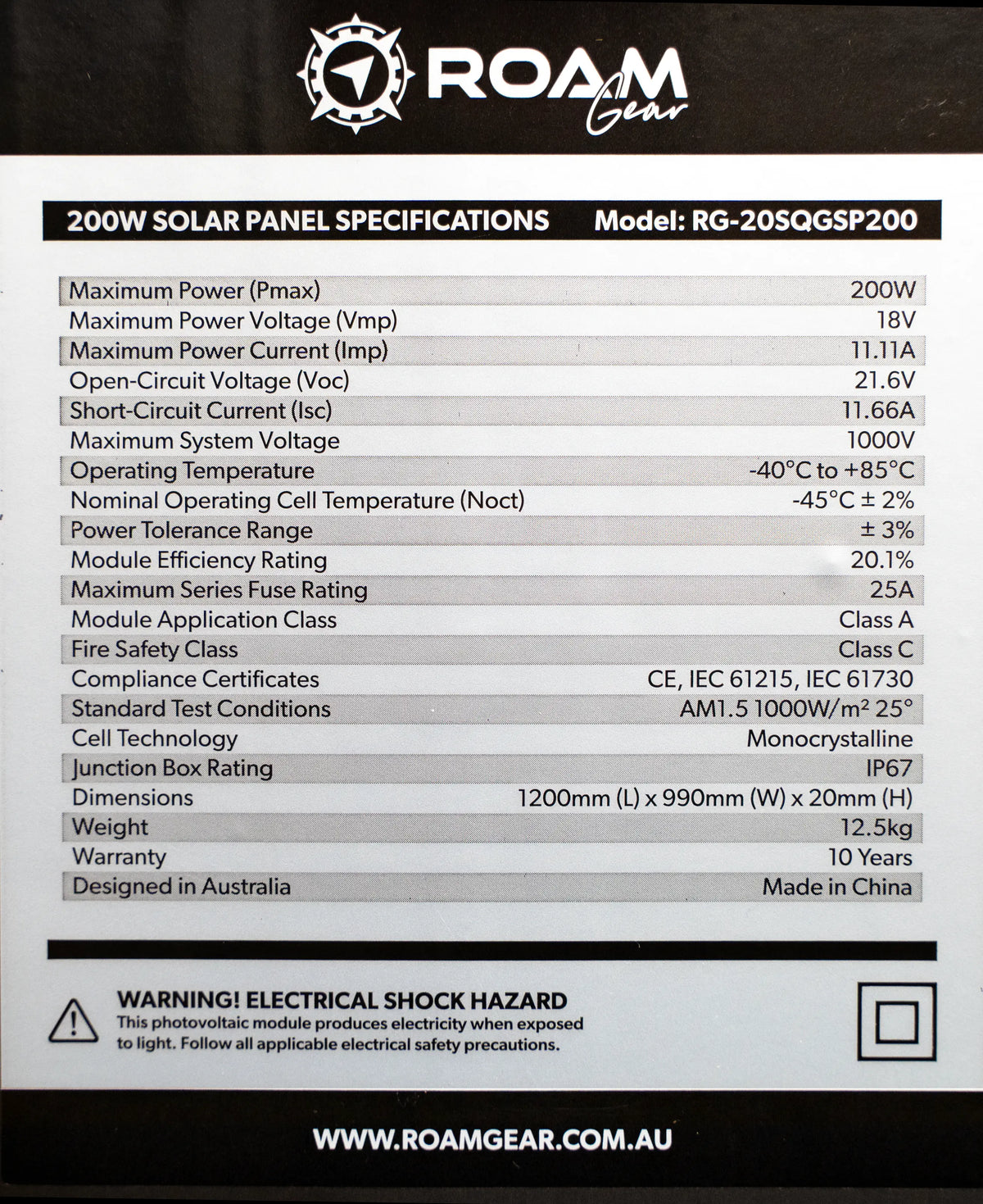 Roam Gear 200W slimline square black glass solar panel specifications label with electrical ratings, dimensions and weight.