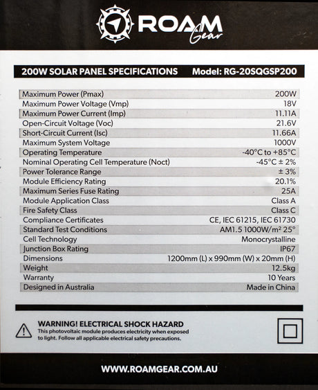 Roam Gear 200W slimline square black glass solar panel specifications label with electrical ratings, dimensions and weight.