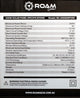 Roam Gear 200W slimline square black glass solar panel specifications label with electrical ratings, dimensions and weight.