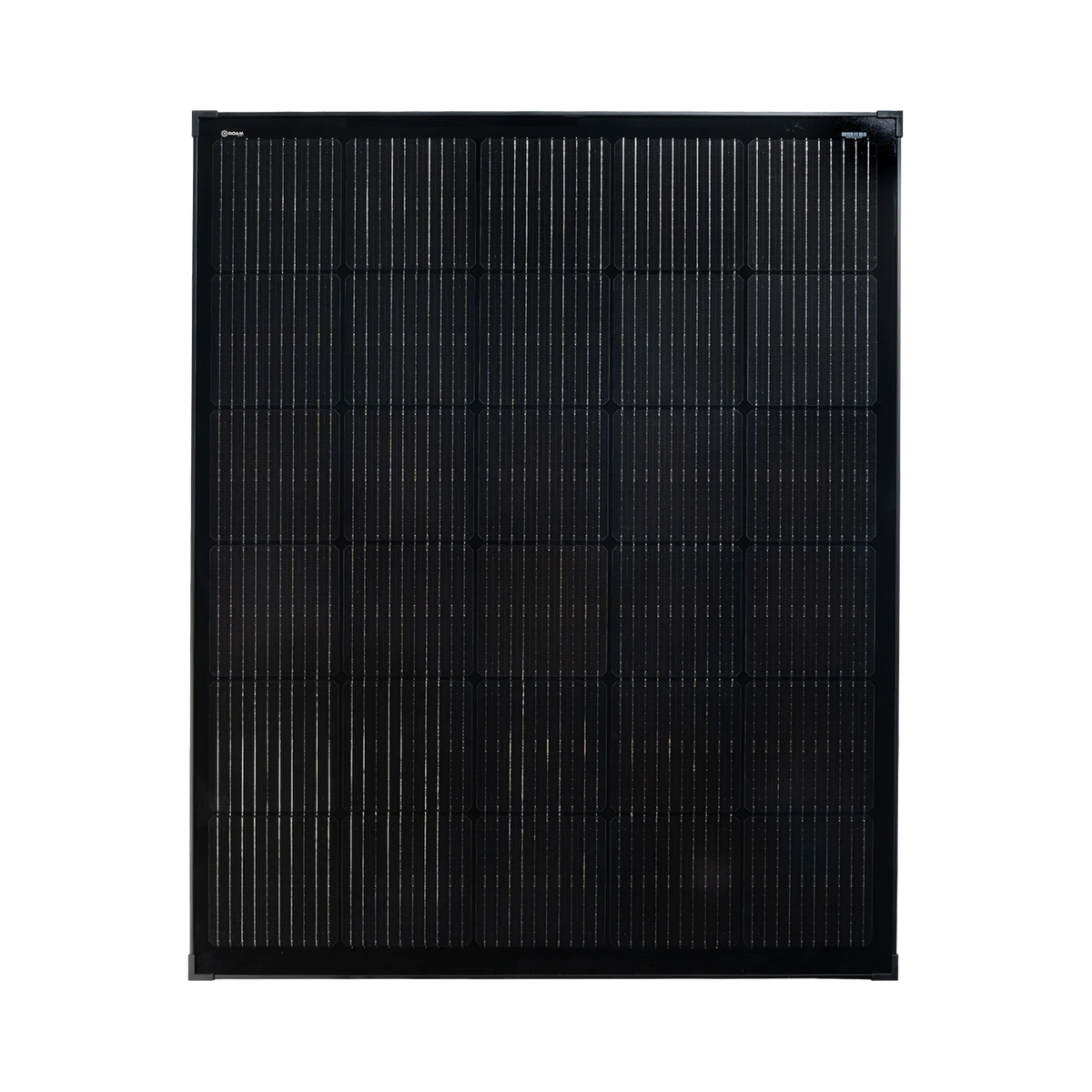 Roam Gear 200W 12V slimline square black glass solar panel front view showing the solar cells and 20mm frame.