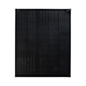 Roam Gear 200W 12V slimline square black glass solar panel front view showing the solar cells and 20mm frame.