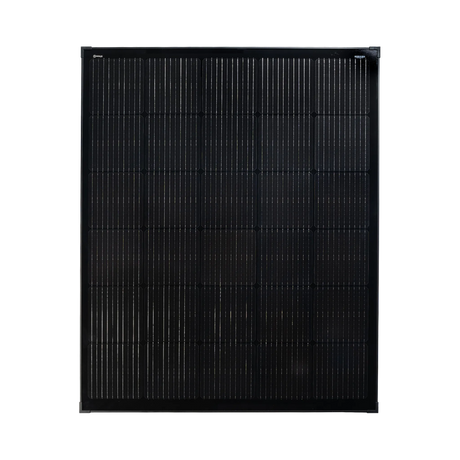 Roam Gear 200W 12V slimline square black glass solar panel front view showing the solar cells and 20mm frame.