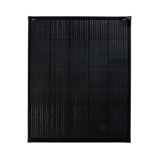 Roam Gear 200W 12V slimline square black glass solar panel front view showing the solar cells and 20mm frame.