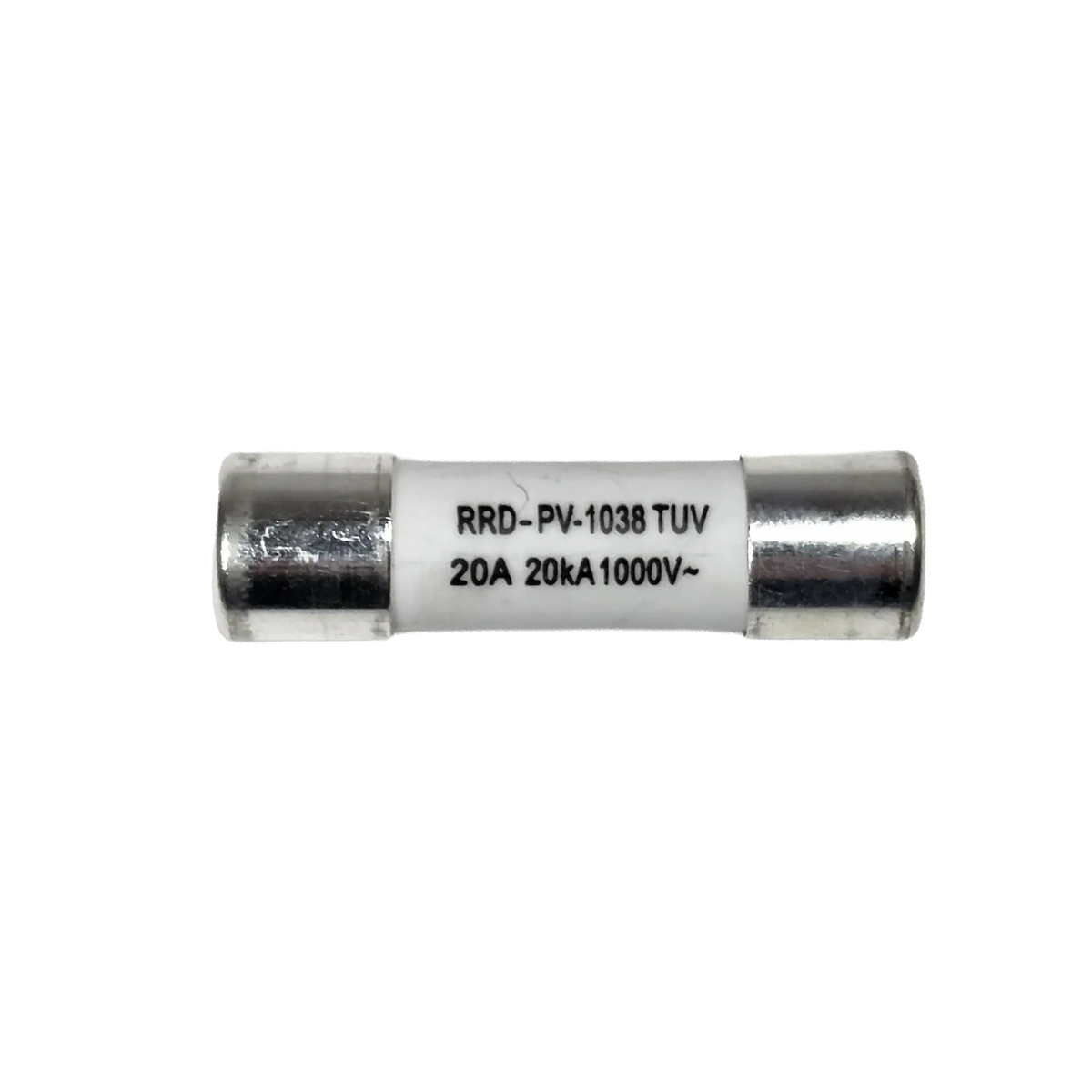 Roam Gear 20A MC4 inline replacement fuse front view with printed specifications on the white body.