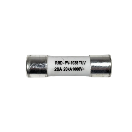 Roam Gear 20A MC4 inline replacement fuse front view with printed specifications on the white body.