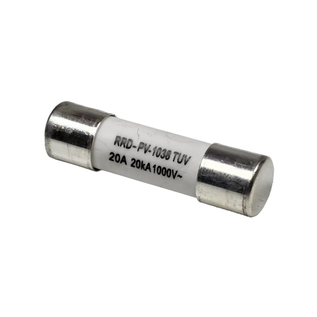 Roam Gear 20A MC4 inline replacement fuse angled view with the right metal end cap and white body.