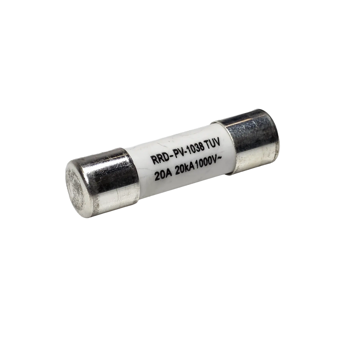 Roam Gear 20A MC4 inline replacement fuse angled view with the left metal end cap and printed rating.