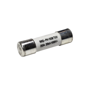 Roam Gear 20A MC4 inline replacement fuse angled view with the left metal end cap and printed rating.