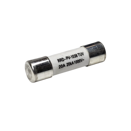 Roam Gear 20A MC4 inline replacement fuse angled view with the left metal end cap and printed rating.