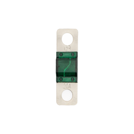 Roam Gear 20A midi fuse straight on view with the 20A marking and round mounting holes visible.