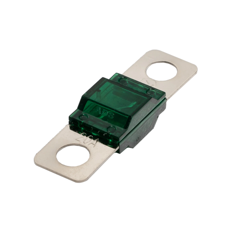 Roam Gear 20A midi fuse in an angled view with a green housing and two metal mounting tabs.