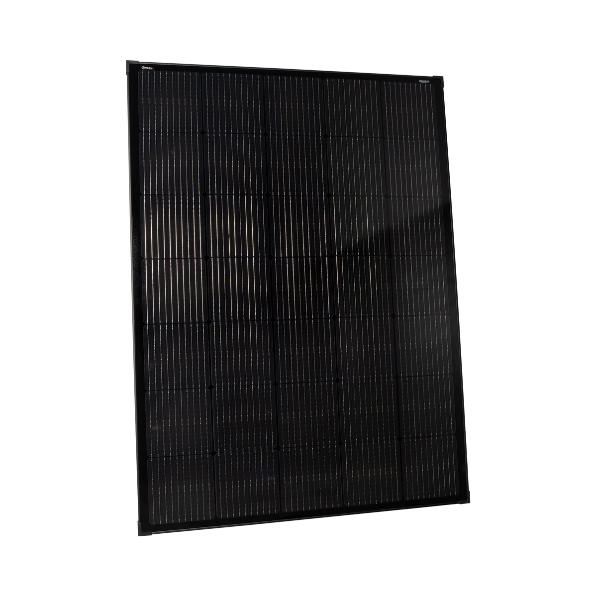 Roam Gear 230W 12V slimline black glass solar panel front angled view showing the narrow frame and solar cells.