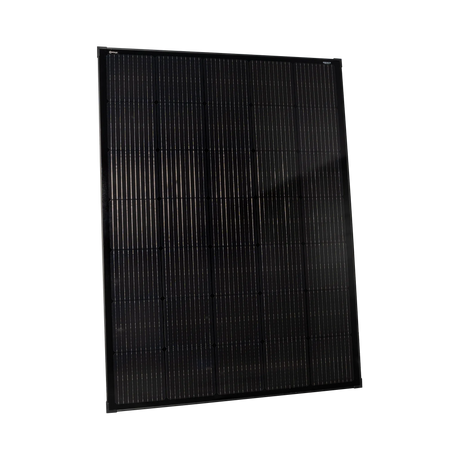 Roam Gear 230W 12V slimline black glass solar panel front angled view showing the narrow frame and solar cells.