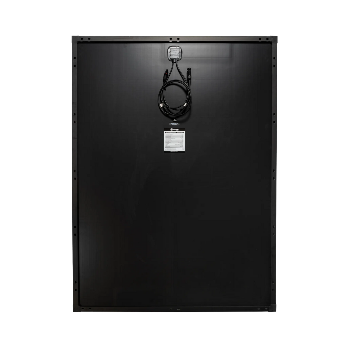 Roam Gear 230W 12V slimline black glass solar panel rear view with a junction box and coiled positive and negative leads.