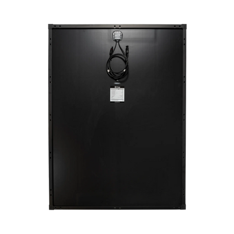 Roam Gear 230W 12V slimline black glass solar panel rear view with a junction box and coiled positive and negative leads.