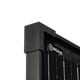 Roam Gear 230W 12V slimline black glass solar panel corner close up showing the embossed cap and logo beside the cells.