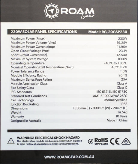 Roam Gear 230W 12V slimline black glass solar panel specifications label with electrical ratings, dimensions and weight.