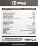 Roam Gear 230W 12V slimline black glass solar panel specifications label with electrical ratings, dimensions and weight.