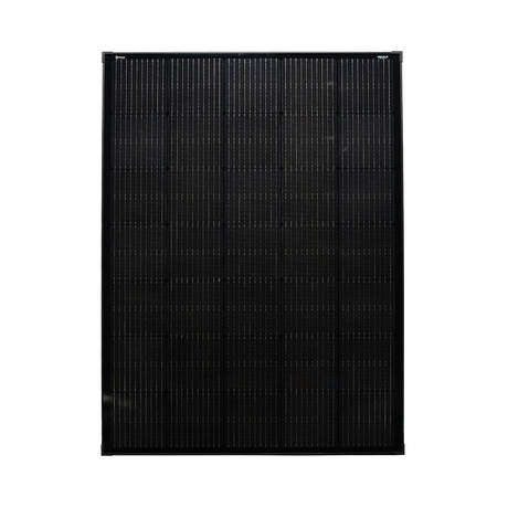Roam Gear 230W 12V slimline black glass solar panel front view showing the solar cells and 20mm frame.