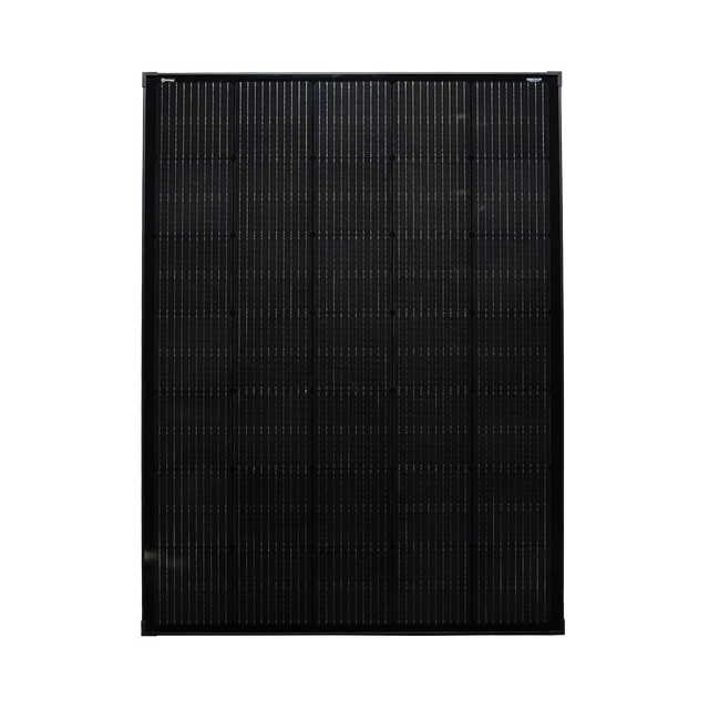 Roam Gear 230W 12V slimline black glass solar panel front view showing the solar cells and 20mm frame.