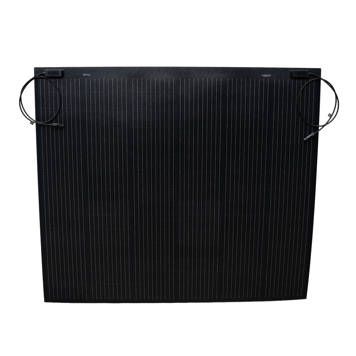 Roam Gear 250W 12V black ETFE flexible solar panel straight front view showing the cell grid and top junction boxes.