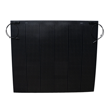 Roam Gear 250W 12V black ETFE flexible solar panel straight front view showing the cell grid and top junction boxes.