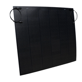 Roam Gear 250W 12V black ETFE flexible solar panel front angled view with positive and negative leads at the top.
